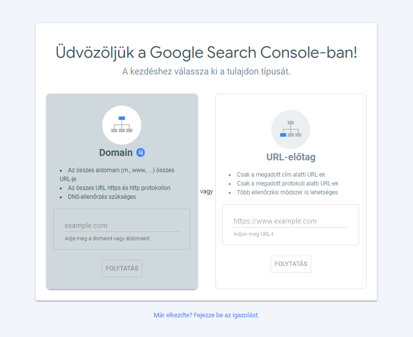 Search Console regisztrálása